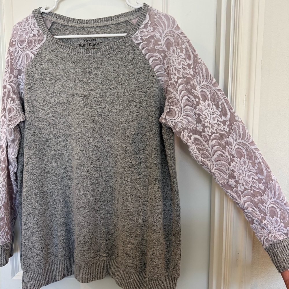 Torrid Gray and Pink Crew Neck Sweater with Lace Sleeves